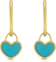 Load image into Gallery viewer, 14k Yellow Gold 22mm Dangle Heart Huggie Earrings (Turquoise, Red Coral, Mother of Pearl)
