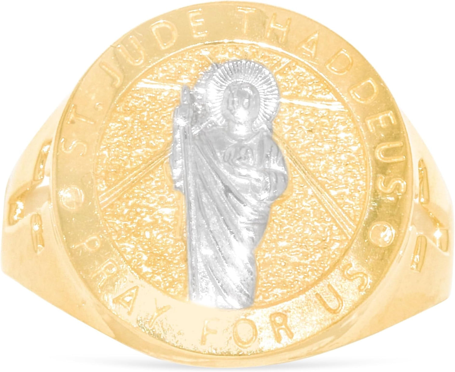 10k Yellow Gold 17mm St. Jude Thaddeus Pray For Us Catholic Saint Religious Medallion Men's Ring, Sizes 5-13