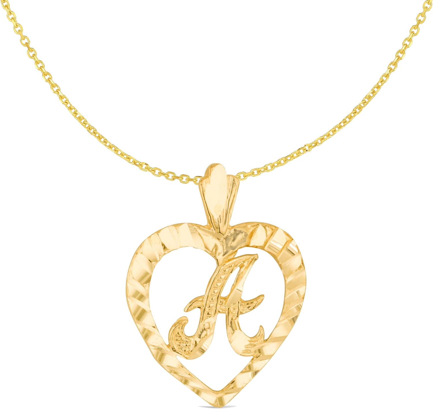 10k Yellow Gold 24mm Personalized Alphabet Letter A - Z Initial Heart Pendant with optional Extendable Cable Chain Necklace
