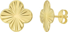 Load image into Gallery viewer, 14k Yellow Gold 12.2mm Radiating Textured Clover Stud Earrings
