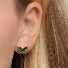 Load image into Gallery viewer, 14k Yellow Gold 8mm Turquoise, Malachite or Mother of Pearl Butterfly Studs Gemstone Earrings
