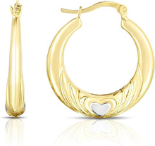 Load image into Gallery viewer, 10k Yellow Gold Ribbed Two-Tone Heart Hoop Earrings
