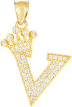 Load image into Gallery viewer, 10k Yellow Gold 0.8&quot; Pave CZ Personalized Crown Alphabet Letter A - Z Initial Charm Pendant with optional Chain Necklace
