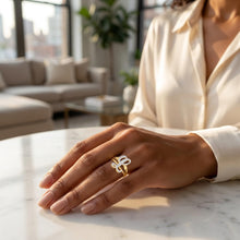 Load image into Gallery viewer, 10k Two-Tone Yellow Gold and White Gold 15mm Personalized A-Z Initial Cursive Letter Ring, Sizes 3 - 10
