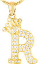 Load image into Gallery viewer, 10k Yellow Gold 0.8&quot; Pave CZ Personalized Crown Alphabet Letter A - Z Initial Charm Pendant with optional Chain Necklace
