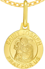 Load image into Gallery viewer, Italian 14k Yellow Gold 12mm Saint St. Joseph San Jose Pray For Us Medallion Religious Charm Pendant with Optional Necklace,  16-17-18 Inch
