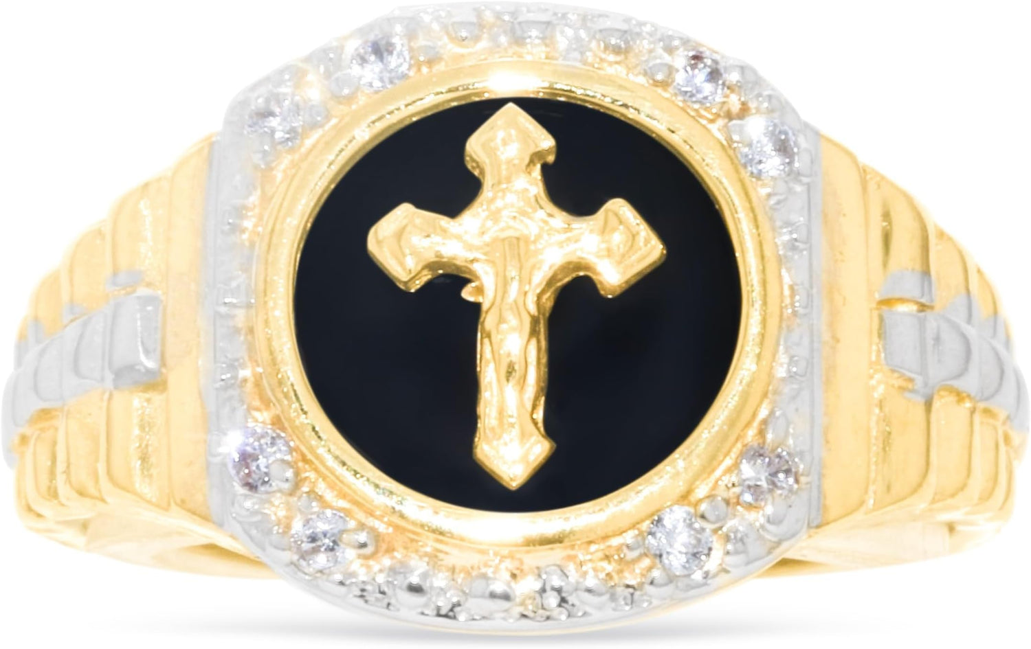 10k Yellow Gold 14.2mm Jesus Crucifix Cross Onyx Railroad CZ Religious Ring, Sizes 5-13