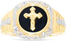 Load image into Gallery viewer, 10k Yellow Gold 14mm Jesus Crucifix Cross Onyx Railroad CZ Religious Ring, Sizes 5 - 13
