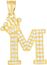 Load image into Gallery viewer, 10k Yellow Gold 0.8&quot; Pave CZ Personalized Crown Alphabet Letter A - Z Initial Charm Pendant with optional Chain Necklace
