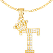 Load image into Gallery viewer, 10k Yellow Gold 0.8&quot; Pave CZ Personalized Crown Alphabet Letter A - Z Initial Charm Pendant with optional Chain Necklace
