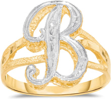 Load image into Gallery viewer, 10k Two-Tone Yellow Gold and White Gold 15mm Personalized A-Z Initial Cursive Letter Ring, Sizes 3 - 10
