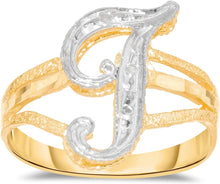 Load image into Gallery viewer, 10k Two-Tone Yellow Gold and White Gold 15mm Personalized A-Z Initial Cursive Letter Ring, Sizes 3 - 10
