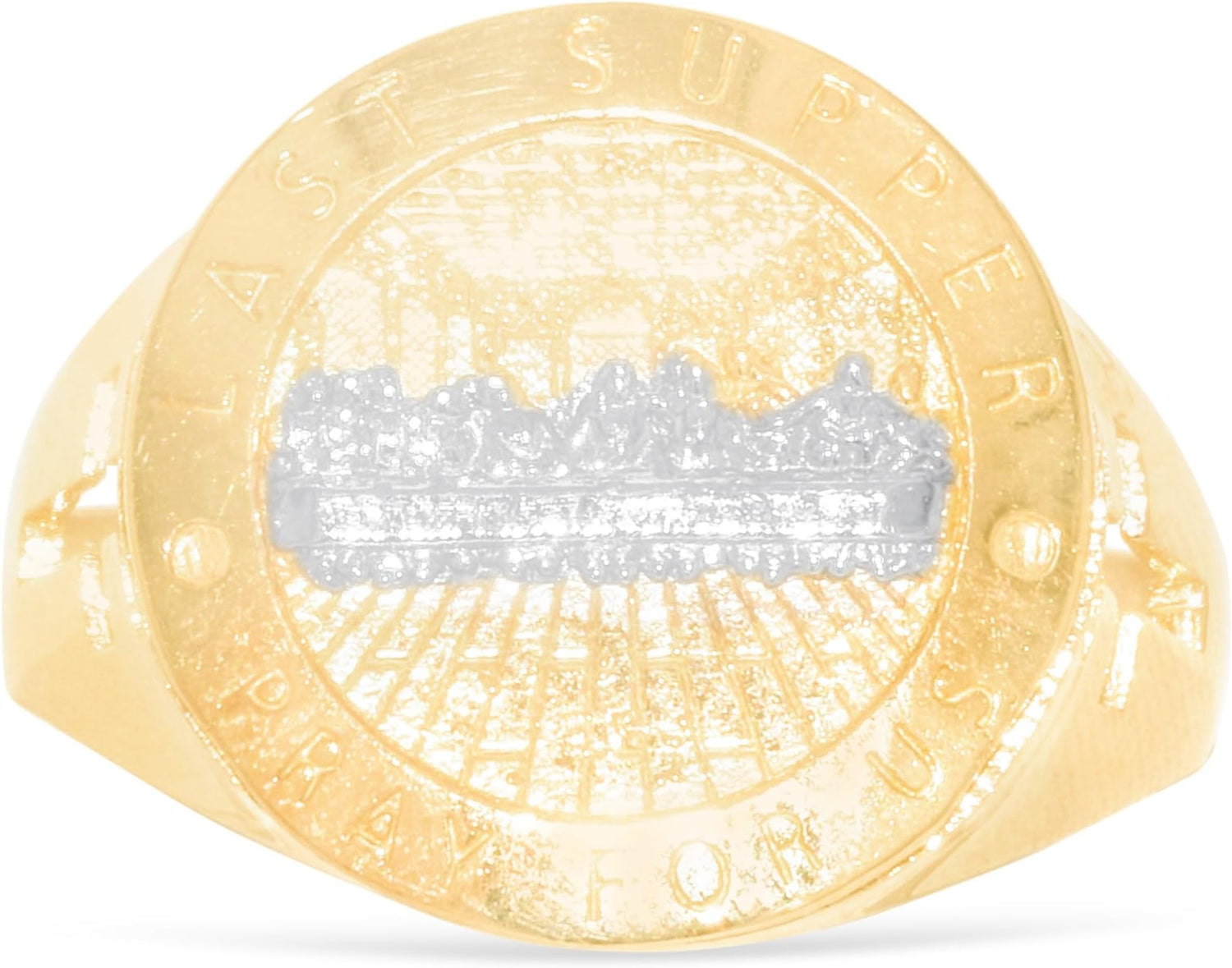 10k Yellow Gold 17mm Last Supper Pray For Us with Cross Catholic Saint Religious Medallion Men's Ring, Sizes 5-13