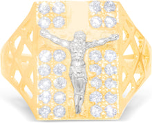 Load image into Gallery viewer, 10k Yellow Gold 17.3mm Two-Tone Jesus Cross Crucifix CZ Openwork Men&#39;s Ring, Sizes 5-13
