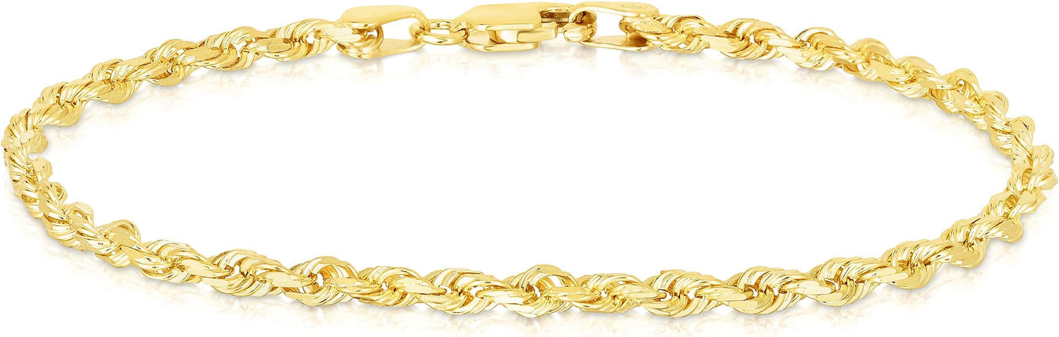 10k Yellow Gold 2.75mm Solid Rope Chain Diamond Cut Bracelet or Anklet