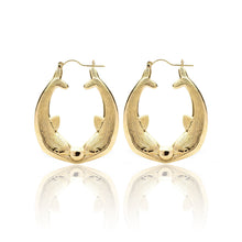 Load image into Gallery viewer, 10k Yellow Gold Friendship Love Kissing Dolphins Hoop Earrings
