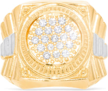 Load image into Gallery viewer, 10k Yellow Gold 19.4mm Two-Tone Railroad Pave CZ Cluster Round Circle Men&#39;s Ring, Sizes 5-13.5
