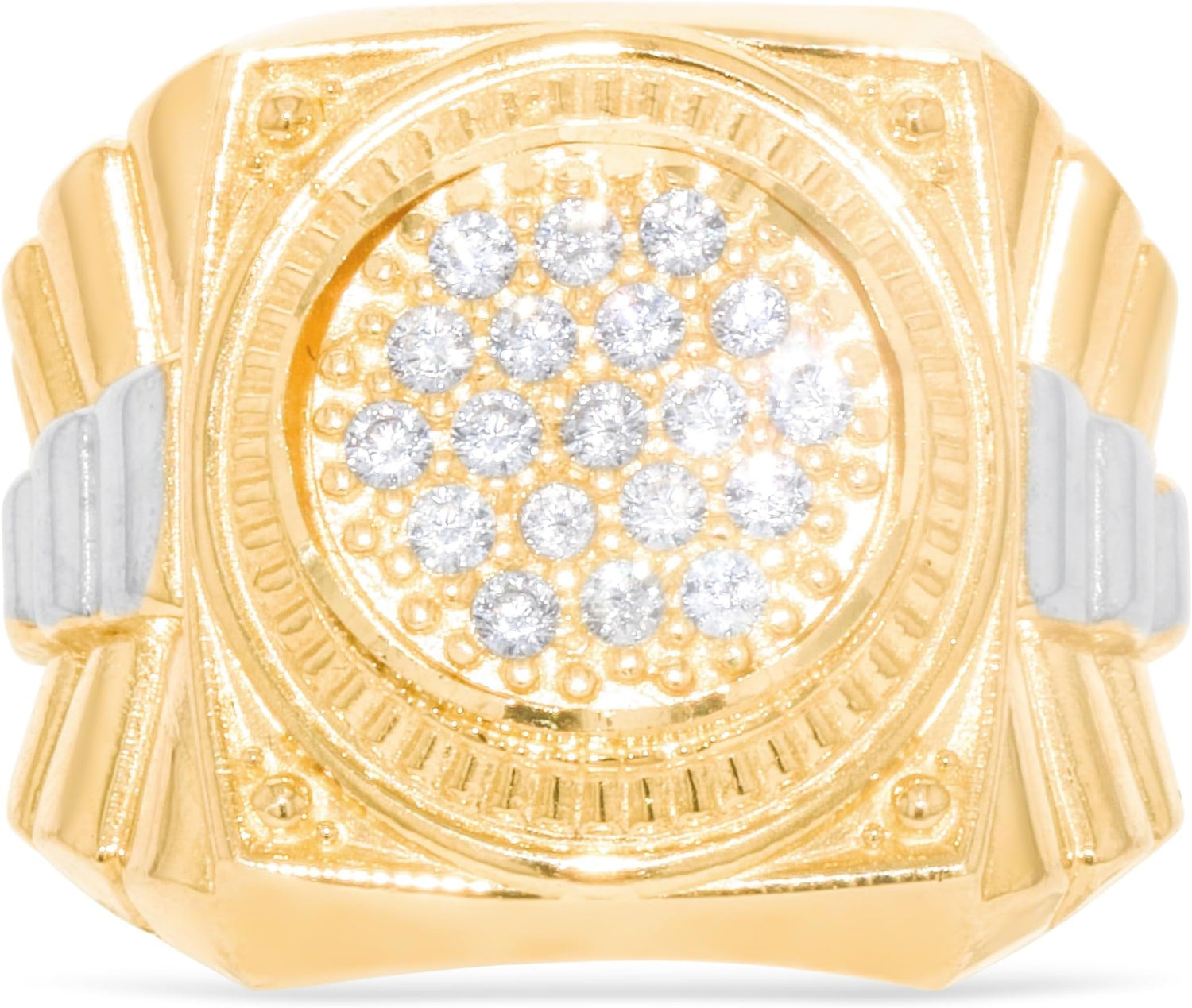 10k Yellow Gold 19mm Two-Tone Railroad Pave CZ Cluster Round Circle Men's Ring, Sizes 5 - 13.5