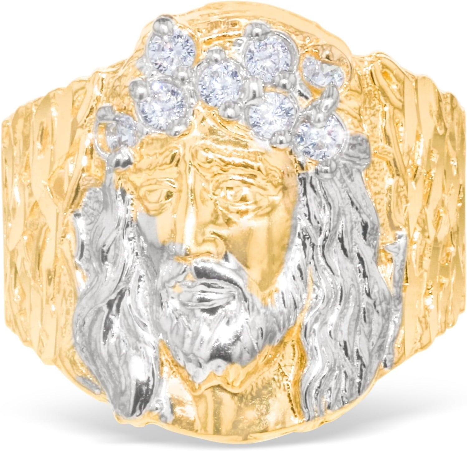 10k Yellow Gold 19mm Jesus Face Two-Tone CZ Openwork Men's Ring, Sizes 5 - 13