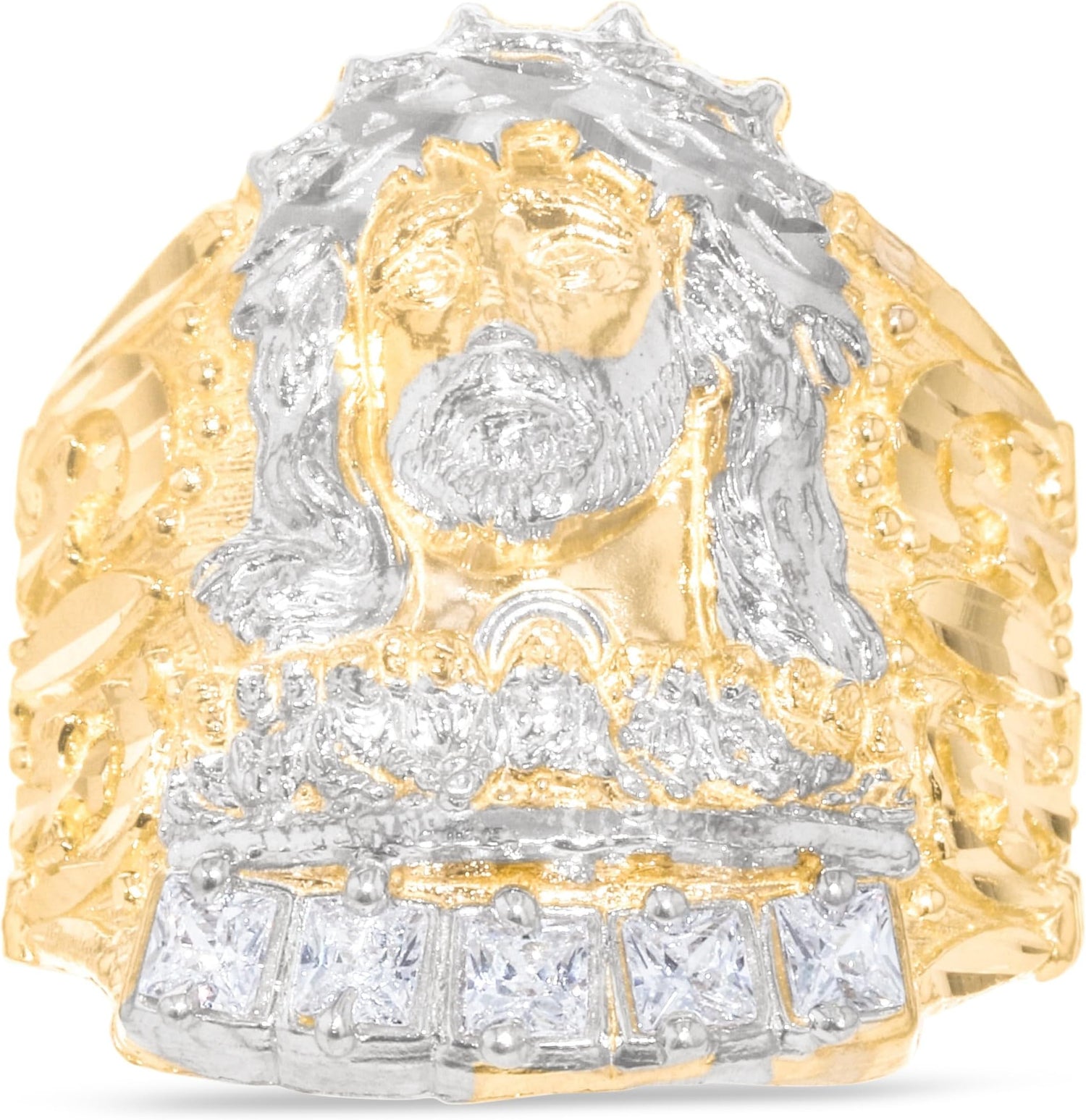 10k Yellow Gold 24mm Jesus Face Two-Tone CZ Last Supper Ring, Sizes 5-13