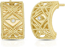Load image into Gallery viewer, Italian .02cttw Diamond 14k Yellow Gold or White Gold 14.8mm Beaded Half Hoop Stud Earrings
