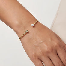 Load image into Gallery viewer, 14k Yellow Gold 2mm .035ct Diamond and Pearl Open Cuff Bangle Bracelet, 7 Inch
