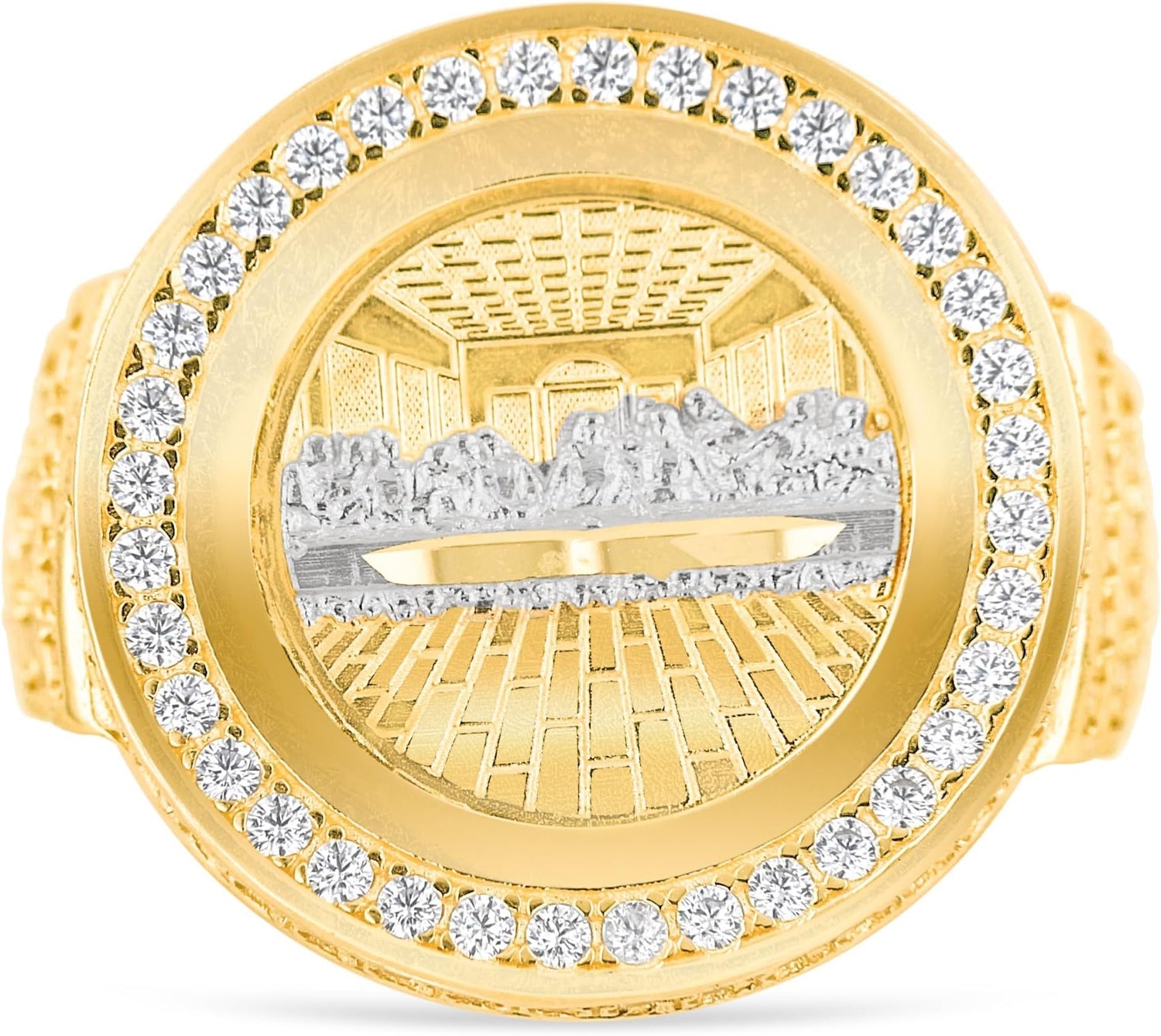 10k Yellow Gold 20mm Round CZ Two-Tone Last Supper Signet Ring, Sizes 5-14