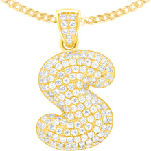 Load image into Gallery viewer, 10k Yellow Gold 0.7&quot; Pave CZ Personalized Bubble Alphabet Letter A - Z Initial Charm Pendant with optional Chain Necklace
