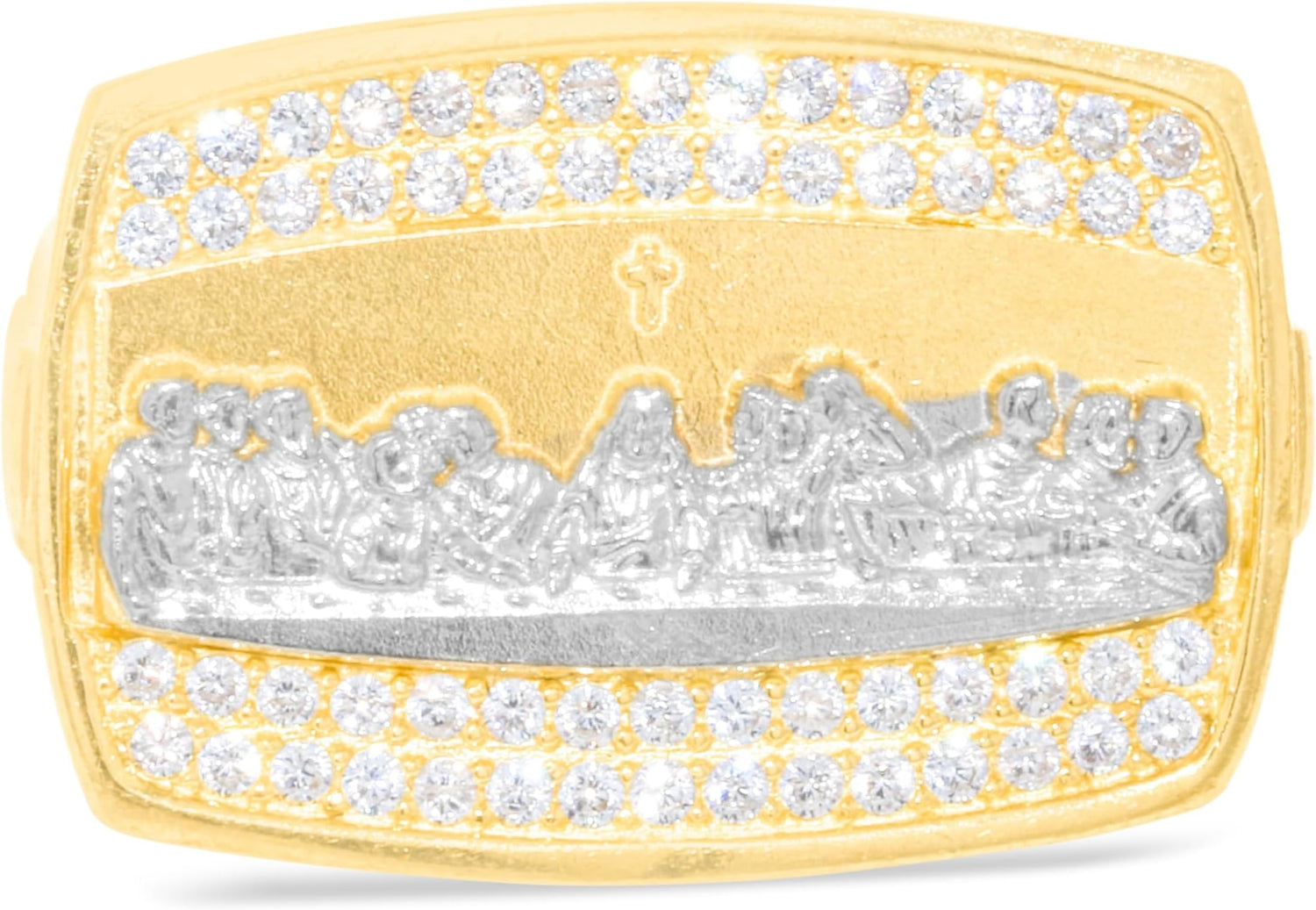 10k Yellow Gold 17mm Last Supper with Cross Pave CZ Rectangle Men's Ring, Sizes 5 - 13