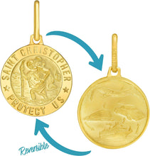 Load image into Gallery viewer, Italian 14k Yellow Gold 15mm Reversible Saint St. Christopher San Cristóbal Protect Us Medallion Religious Charm Pendant with Optional Necklace,  16-18 Inch
