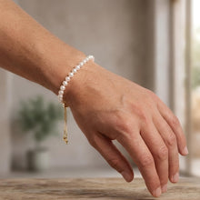 Load image into Gallery viewer, 14k Yellow Gold 4mm Cultured Pearl Bolo Link Friendship Bracelet, Adjustable to 9.25 Inch
