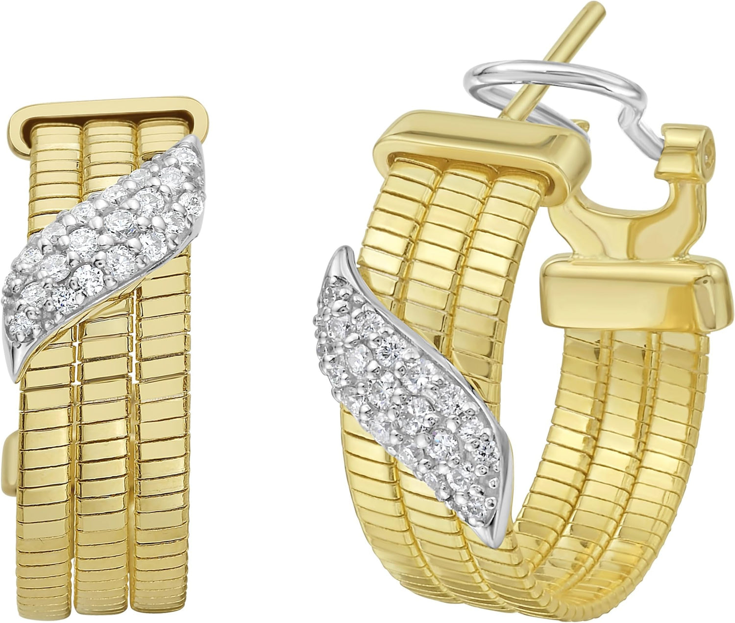 14k Yellow Gold 21.3mm x 7.5mm Leaf CZ Omega Hoop Earrings