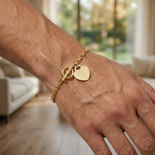 Load image into Gallery viewer, 14k Yellow Gold Custom Engraveable Heart Charm Toggle Lock 2.5mm Link Bracelet, 7.5 Inch
