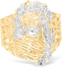 Load image into Gallery viewer, 10k Yellow Gold 23.3mm Jesus Face Two-Tone CZ Praying Hands Men&#39;s Ring, Sizes 5-13
