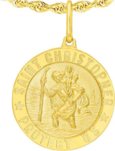 Load image into Gallery viewer, Italian 14k Yellow Gold 20mm Saint St. Christopher San Cristóbal Protect Us Medallion Religious Charm Pendant with Optional Chain Necklace, 20 Inch
