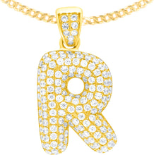 Load image into Gallery viewer, 10k Yellow Gold 0.5&quot; Pave CZ Personalized Bubble Alphabet Letter A - Z Initial Charm Pendant with optional Chain Necklace
