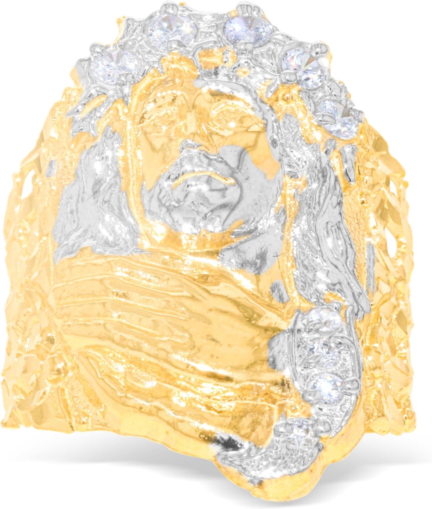 10k Yellow Gold 29mm Jesus Face Two-Tone CZ Praying Hands Men's Ring, Sizes 5 - 13