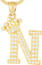 Load image into Gallery viewer, 10k Yellow Gold 0.8&quot; Pave CZ Personalized Crown Alphabet Letter A - Z Initial Charm Pendant with optional Chain Necklace
