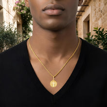 Load image into Gallery viewer, Italian 14k Yellow Gold 15mm Radiant Cross Medallion Religious Charm Pendant with Optional Necklace,  16-17-18 Inch
