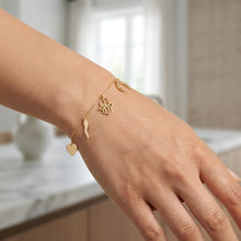 Load image into Gallery viewer, 14k Yellow Gold 13.5mm Horseshoe, Hamsa Hand, Heart, Horn &amp; Moon Dangling Element Charm Link Bracelet, Adjustable 6.25" - 7 Inch
