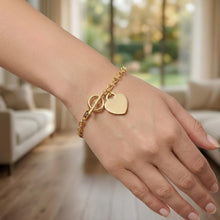 Load image into Gallery viewer, 14k Yellow Gold Custom Engraveable Heart Charm Toggle Lock 2.5mm Link Bracelet, 7.5 Inch
