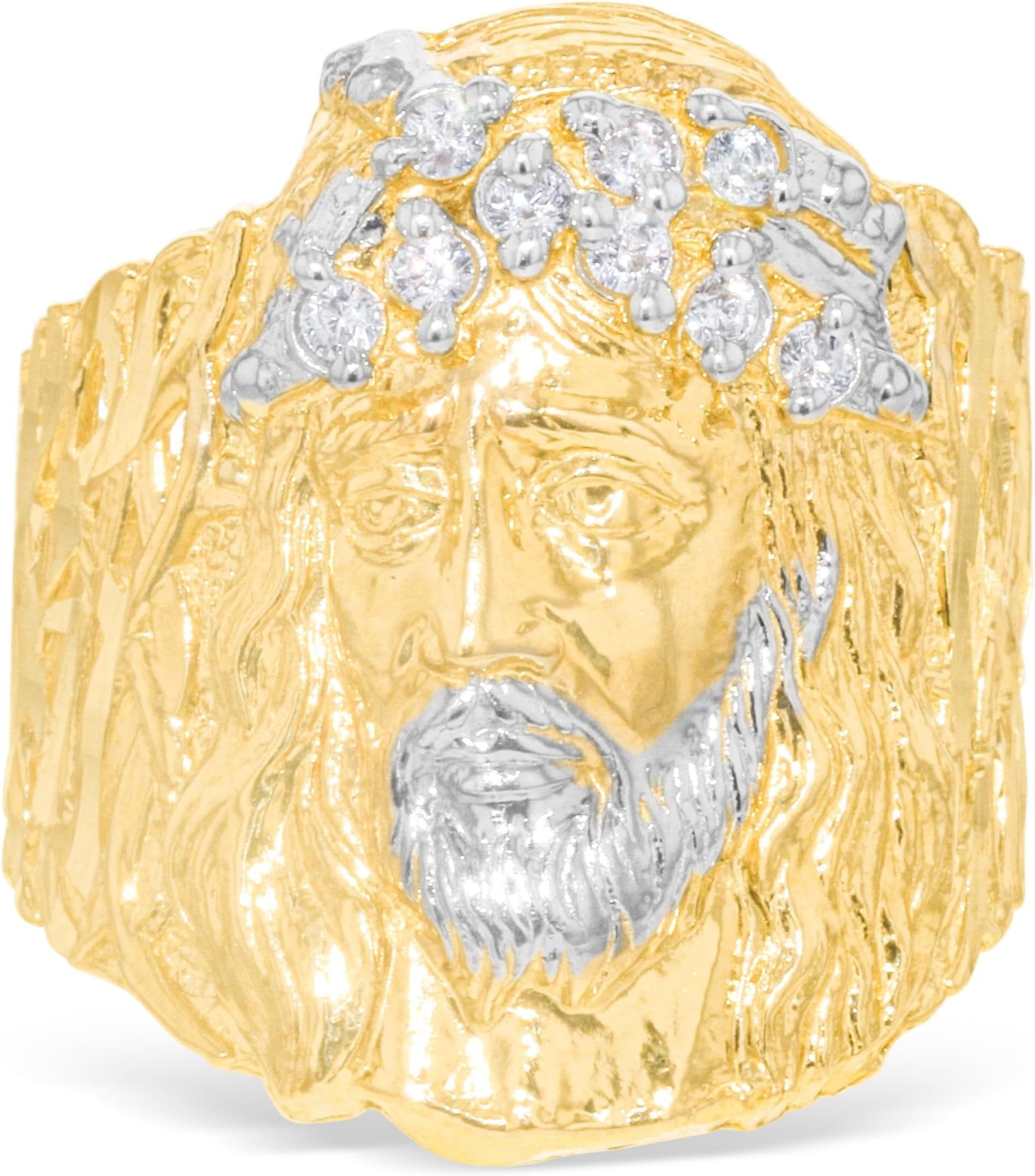 10k Yellow Gold 25mm Jesus Face Two-Tone CZ Openwork Men's Ring, Sizes 5 - 13
