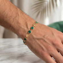 Load image into Gallery viewer, 14k Yellow Gold 5mm Natural Onyx, Malachite or Turquoise Gemstone Round Mirror Link Bracelet, Adjustable 6.5" - 7.25 Inch
