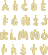 Load image into Gallery viewer, 10k Yellow Gold 0.5&quot; Pave CZ Personalized Bubble Alphabet Letter A - Z Initial Charm Pendant with optional Chain Necklace
