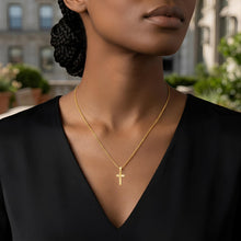 Load image into Gallery viewer, Italian 14k Two-Tone Gold 17mm Reversible Radiant Cross Religious Charm Pendant with Optional Necklace,  16-17-18 Inch
