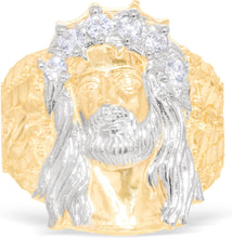Load image into Gallery viewer, 10k Yellow Gold 22mm Jesus Face Two-Tone CZ Crown Men&#39;s Ring, Sizes 5-13
