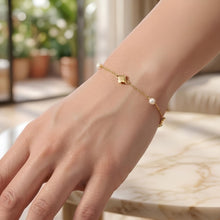 Load image into Gallery viewer, 14k Yellow Gold 8.3mm Cultured Gold Pearl &amp; Clover Station Link Bracelet, Adjustable 6.25" - 7 Inch
