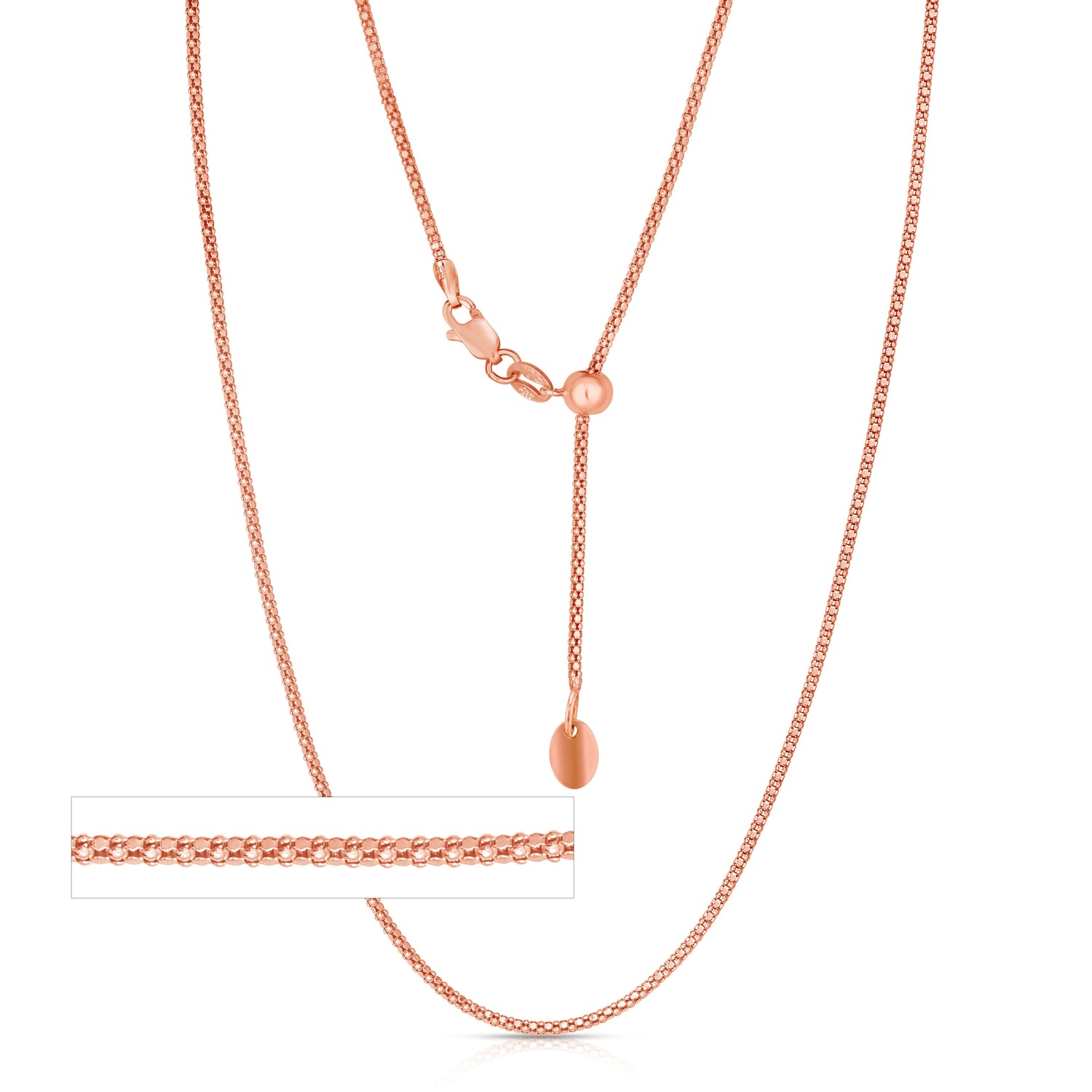 14k Yellow Gold or White Gold or Rose Gold 1.3mm Adjustable Round Popcorn Chain Necklace, 22 Inch