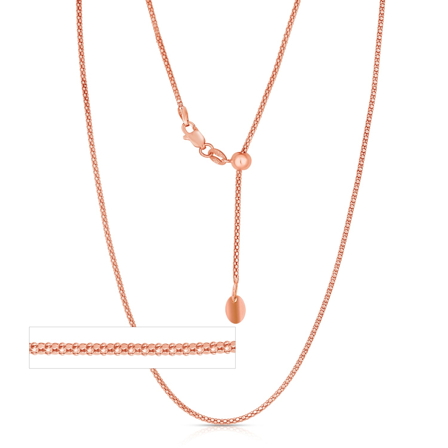 14k Yellow Gold or White Gold or Rose Gold 1.3mm Adjustable Round Popcorn Chain Necklace, 22 Inch