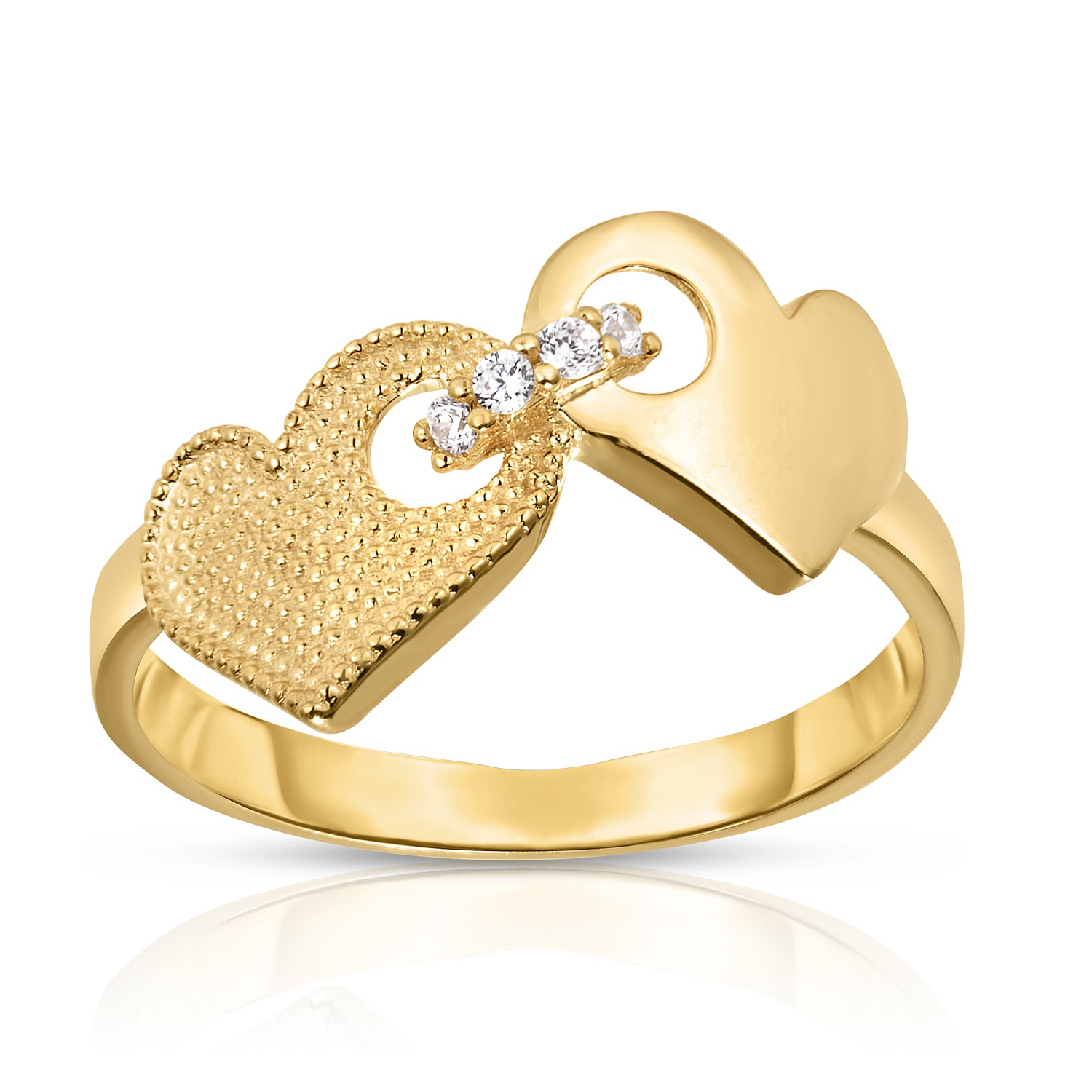 10k Yellow Gold Double Locked Heart CZ Women's Ring